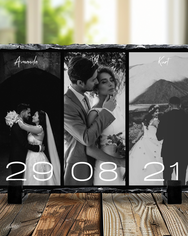Personalised 3 Image Photo Slate, Love, Names and Dates, Black and White Version