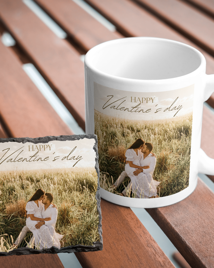 Valentines Day 11oz Mug and 9cm Rock Slate Coaster with 1 Image and text