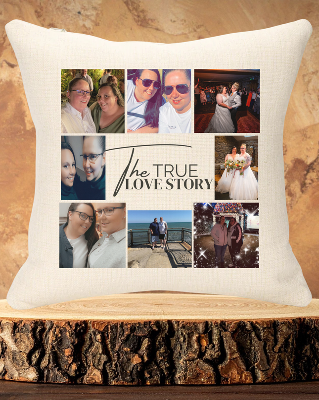The True Love Story with 8 Images 40x40cm Linen Cushion