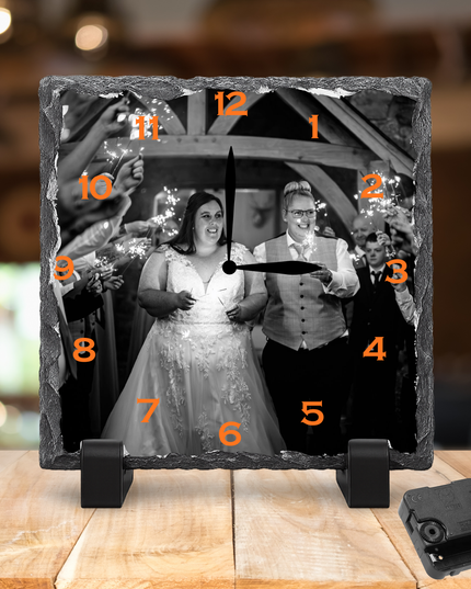 Personalised Rock Slate Photo Clock 27x27cm | Custom Image & Text | Includes Battery & Stand | Unique Gift & Home Décor - Demo Design Gifts
