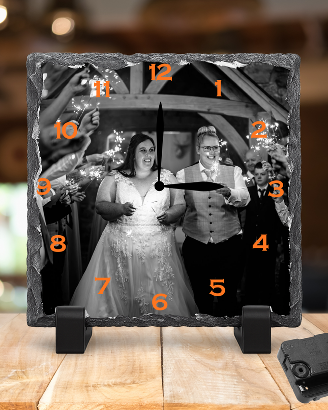 Personalised Rock Slate Photo Clock 27x27cm | Custom Image & Text | Includes Battery & Stand | Unique Gift & Home Décor - Demo Design Gifts