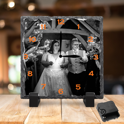Personalised Rock Slate Photo Clock 27x27cm | Custom Image & Text | Includes Battery & Stand | Unique Gift & Home Décor