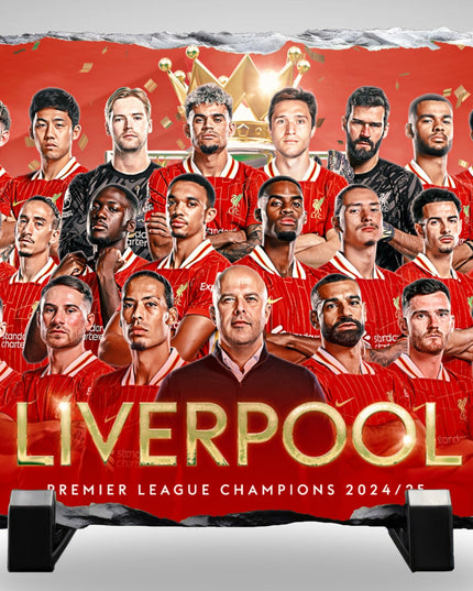 Liverpool Champions Slate featuring 2024/25 Premier League winning team photo and logo on stone display with stand