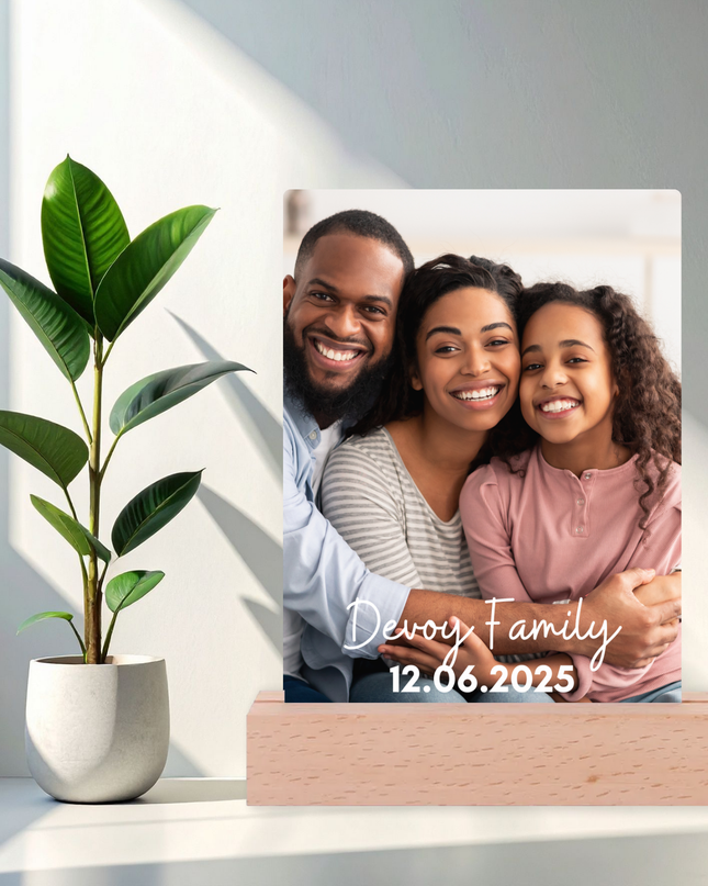 Lamp - Acrylic Photo Frame (14cm x 21.5cm) with LED Lamp - Rectangle Base - 1 Image with text