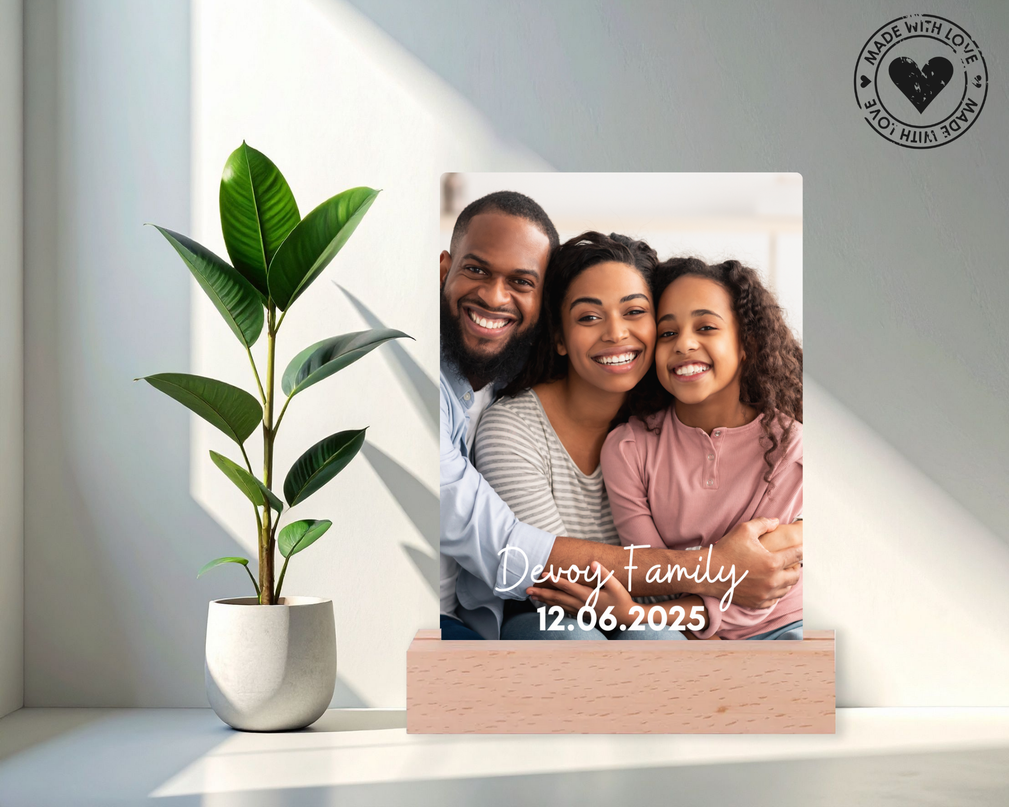 Lamp - Acrylic Photo Frame (14cm x 21.5cm) with LED Lamp - Rectangle Base - 1 Image with text