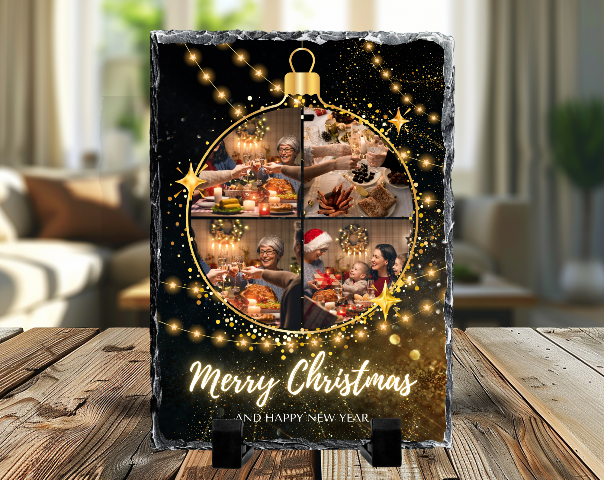 Merry Christmas Black & Gold 4 Image Rock Photo Slate, Christmas Gift