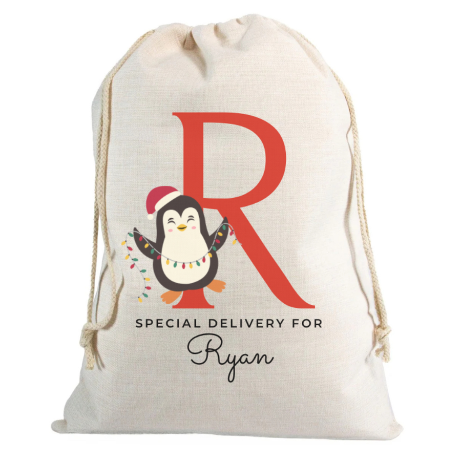 Christmas Sack Letter with Penguin with Name