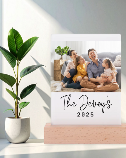 Lamp - Acrylic Photo Frame (14cm x 21.5cm) with LED Lamp - Rectangle Base - 1 Image with text and date