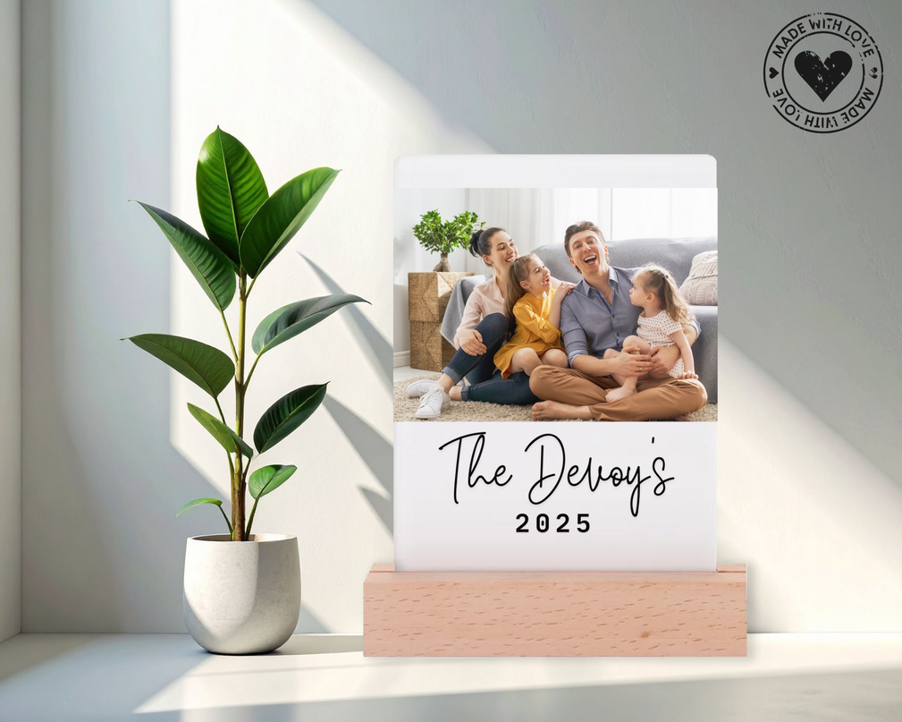 Lamp - Acrylic Photo Frame (14cm x 21.5cm) with LED Lamp - Rectangle Base - 1 Image with text and date