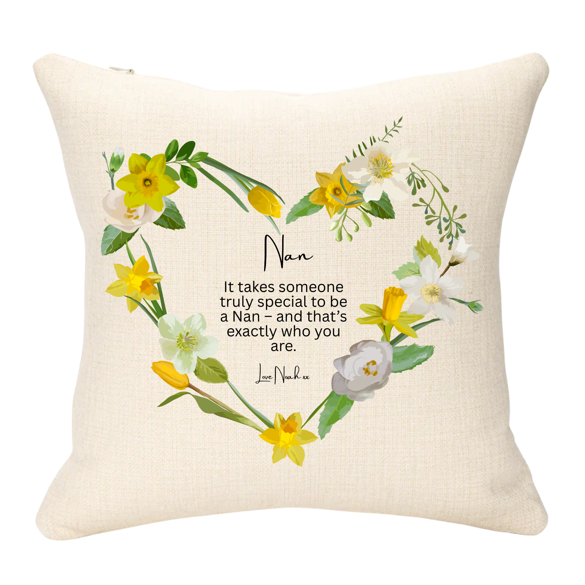 Nan Green and Yellow Flowers Personalised Cushion