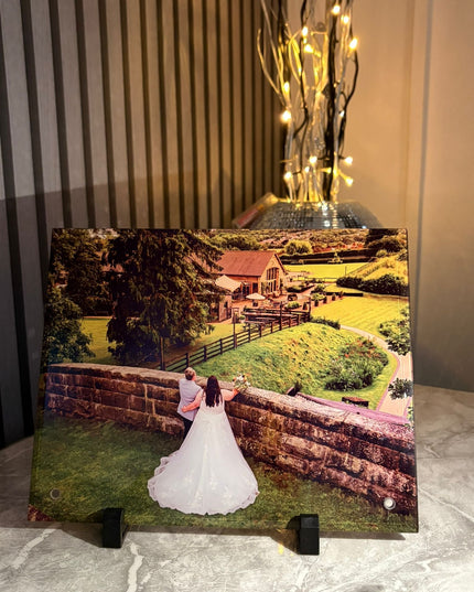 15x20cm toughened photo glass frame with metal edge and peg stand for vibrant sublimation printing