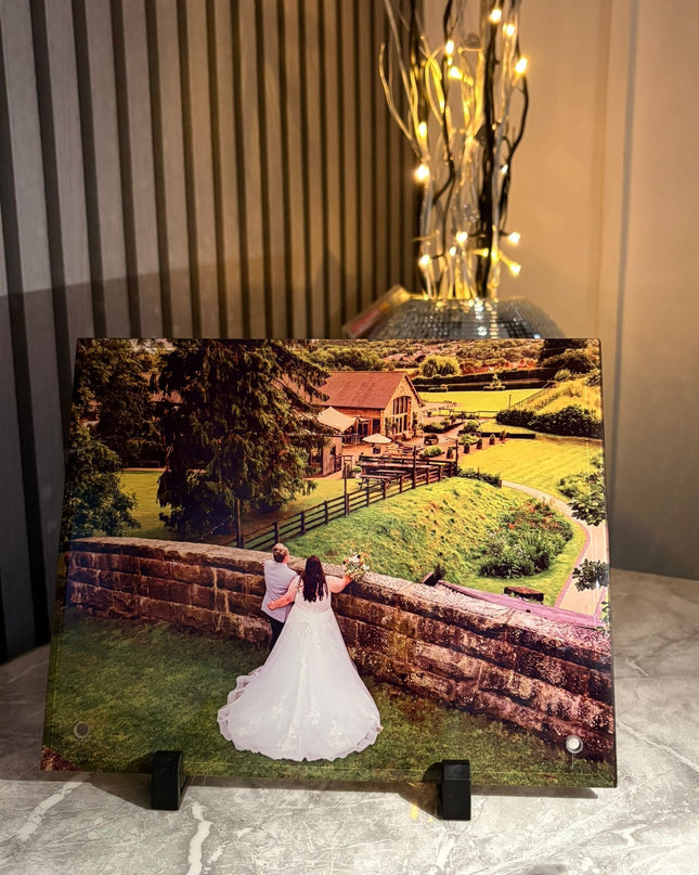 15x20cm toughened photo glass frame with metal edge and peg stand for vibrant sublimation printing