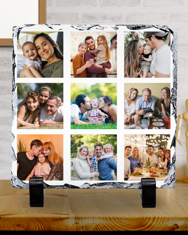 Photo Slate with 9 glossy finish family photo collage on natural stone display stand
