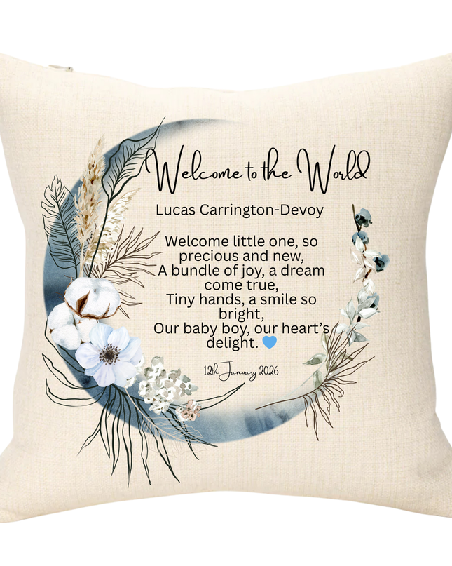 Welcome Baby Name and Poem Personalised Cushion - Demo Design Gifts