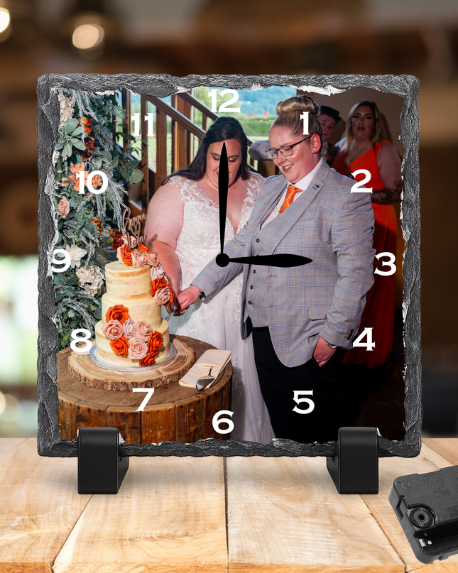 Personalised Rock Slate Photo Clock 27x27cm | Custom Image & Text | Includes Battery & Stand | Unique Gift & Home Décor - Demo Design Gifts