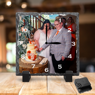 Personalised Rock Slate Photo Clock 27x27cm | Custom Image & Text | Includes Battery & Stand | Unique Gift & Home Décor