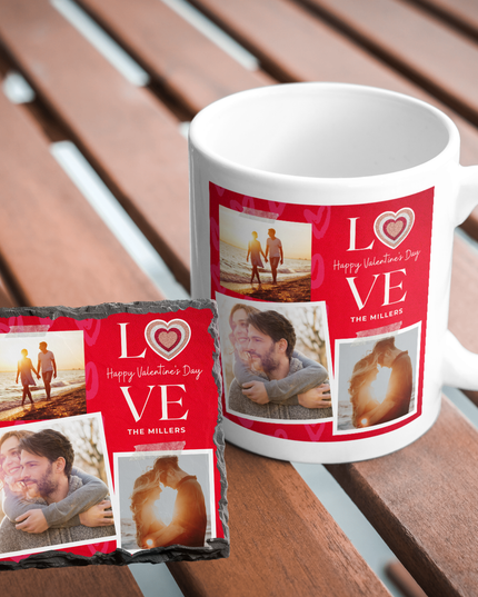 Valentines Day 11oz Mug and 9cm Rock Slate Coaster with 3 Image and text Red Background