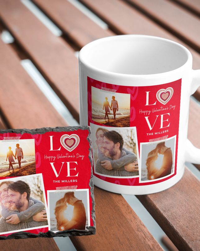 Valentines Day 11oz Mug and 9cm Rock Slate Coaster with 3 Image and text Red Background