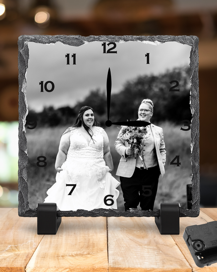 Personalised Rock Slate Photo Clock 27x27cm | Custom Image & Text | Includes Battery & Stand | Unique Gift & Home Décor - Demo Design Gifts