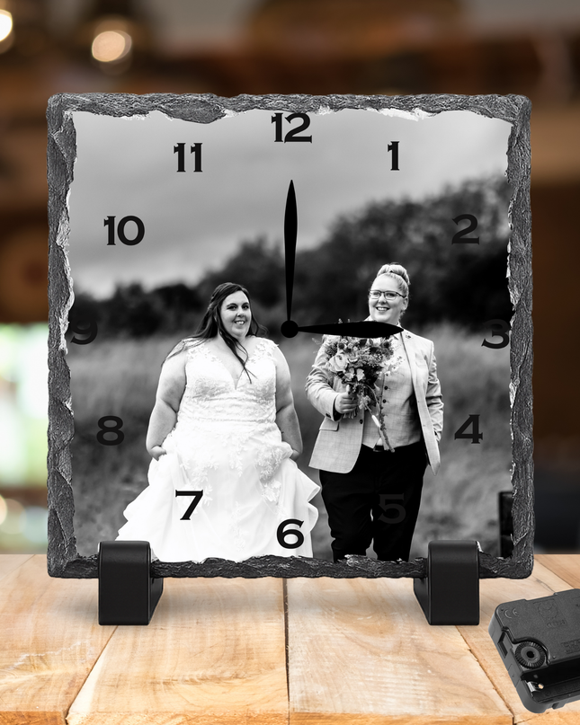 Personalised Rock Slate Photo Clock 27x27cm | Custom Image & Text | Includes Battery & Stand | Unique Gift & Home Décor - Demo Design Gifts
