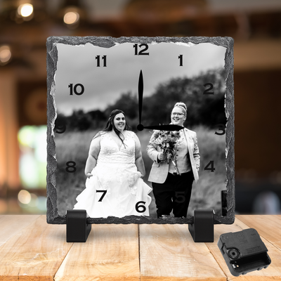 Personalised Rock Slate Photo Clock 27x27cm | Custom Image & Text | Includes Battery & Stand | Unique Gift & Home Décor