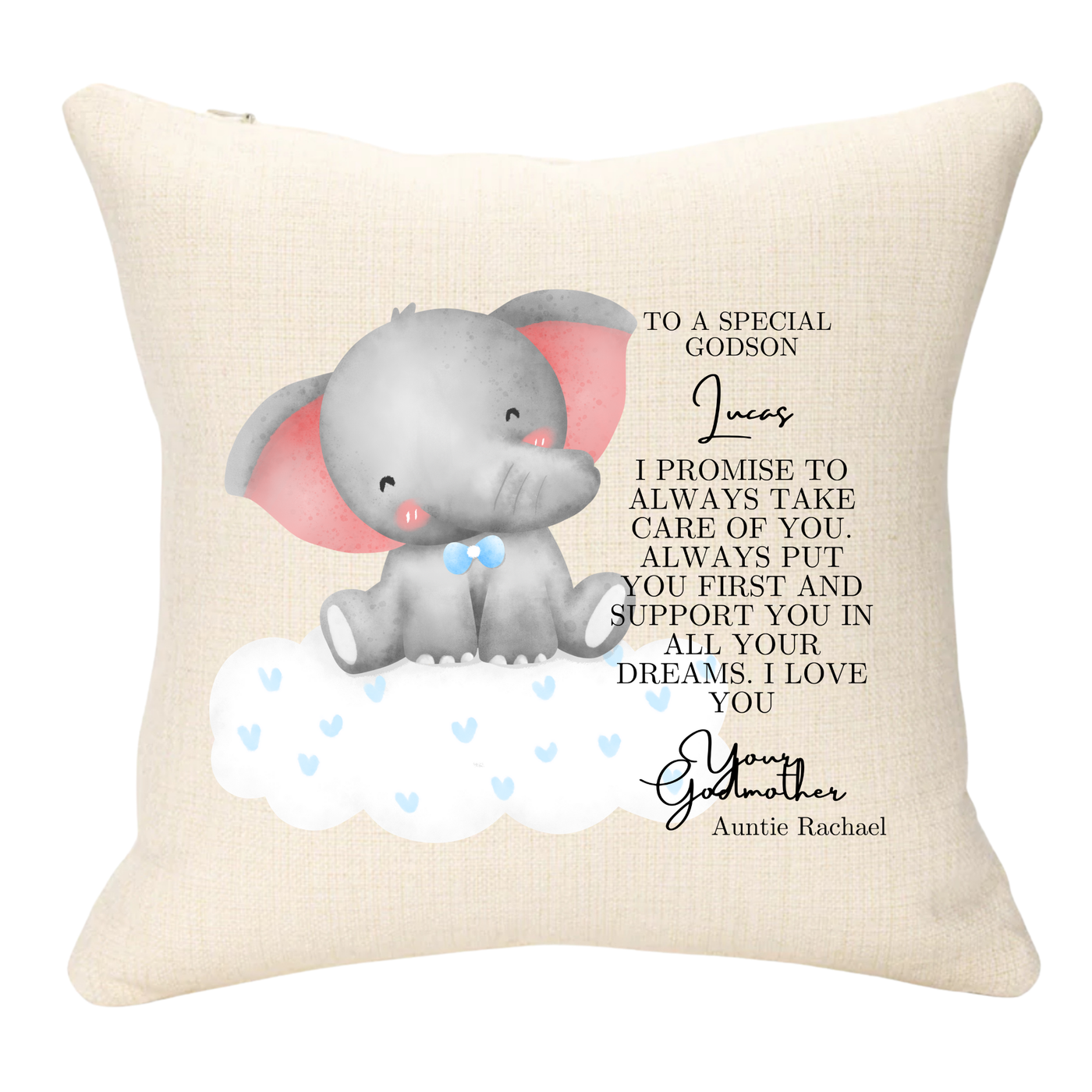 Godparent Elephant Christneing Personalised Cushion