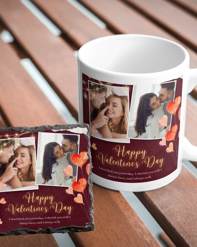 Valentines Day 11oz Mug and 9cm Rock Slate Coaster with 2 Image and text