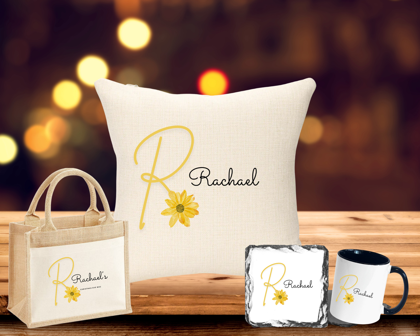 Yellow Sunflower Letter with Name Christmas Eve Bundle