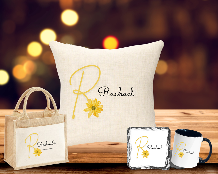 Yellow Sunflower Letter with Name Christmas Eve Bundle