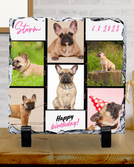 6 Image Dog Design glossy photo slate with French bulldog pictures and personalized text birthday gift