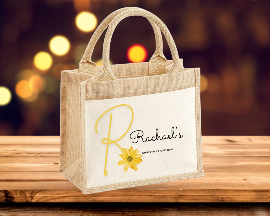 Yellow Sunflower Letter with Name Christmas Eve Tote Bag