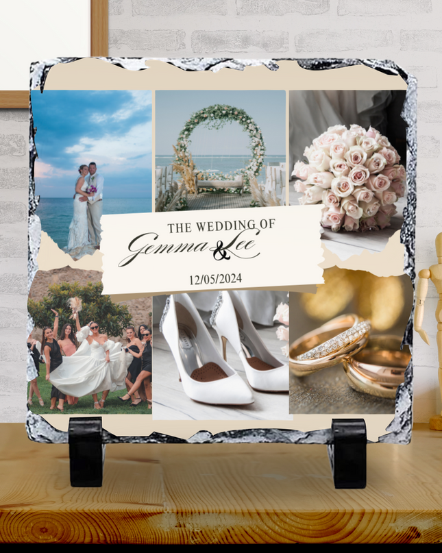 6 image wedding slate with glossy finish featuring wedding photos and personalized text display on wooden surface