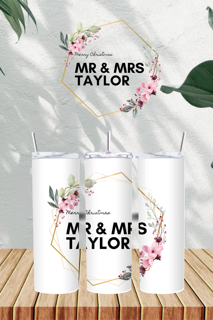 Personalised Merry Christmas with Name Flowers 20oz Tumbler