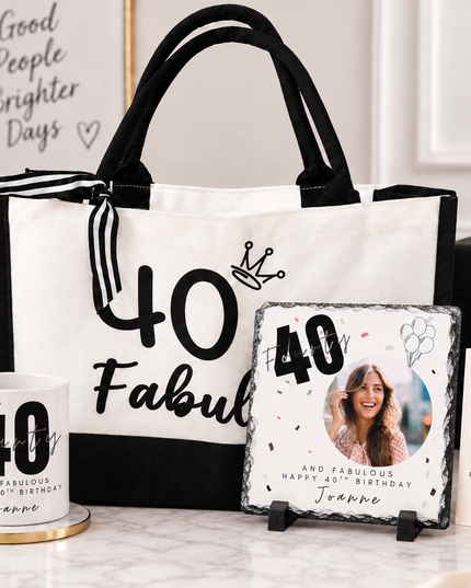 Personalised 40th Birthday Gift Set – Mug, Card, Gift Bag & Photo Slate