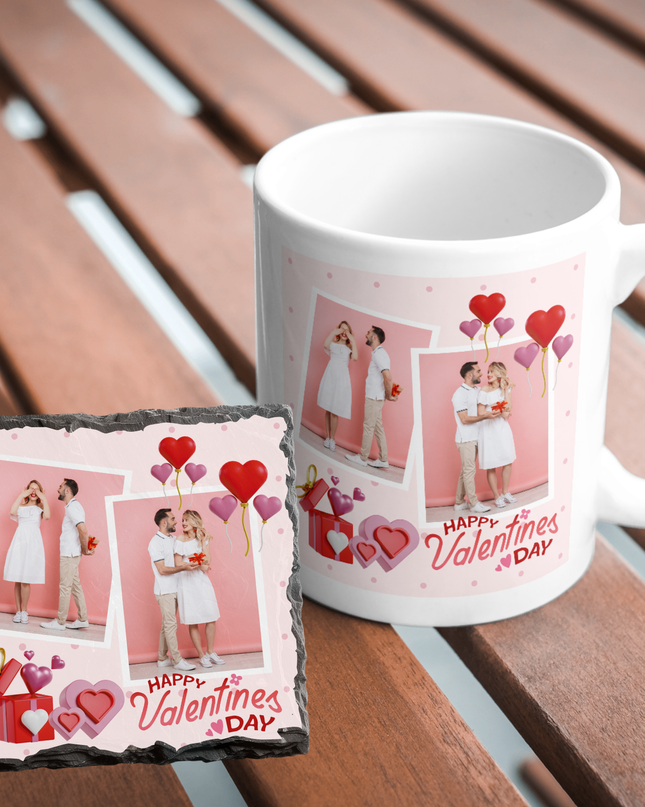 Valentines Day 11oz Mug and 9cm Rock Slate Coaster with 2 Images