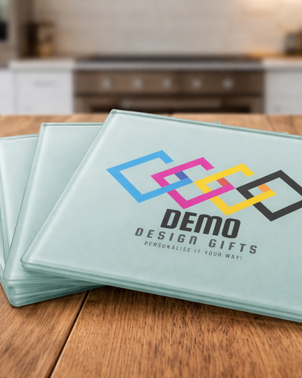 Pack of 10 branded glass coasters with logo design for office promotion