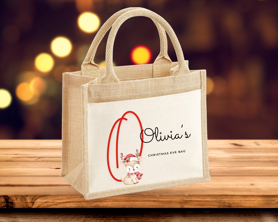 Red Reindeer Letter with Name Christmas Eve Tote Bag