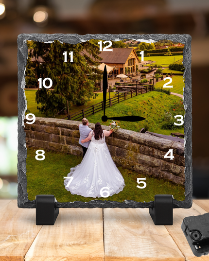Personalised Rock Slate Photo Clock 27x27cm | Custom Image & Text | Includes Battery & Stand | Unique Gift & Home Décor - Demo Design Gifts