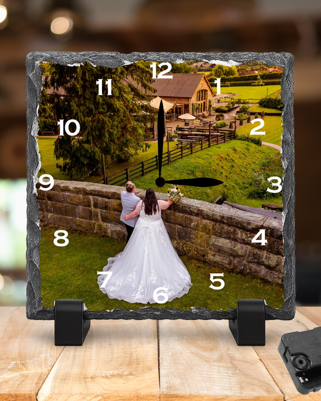 Personalised Rock Slate Photo Clock 27x27cm | Custom Image & Text | Includes Battery & Stand | Unique Gift & Home Décor - Demo Design Gifts