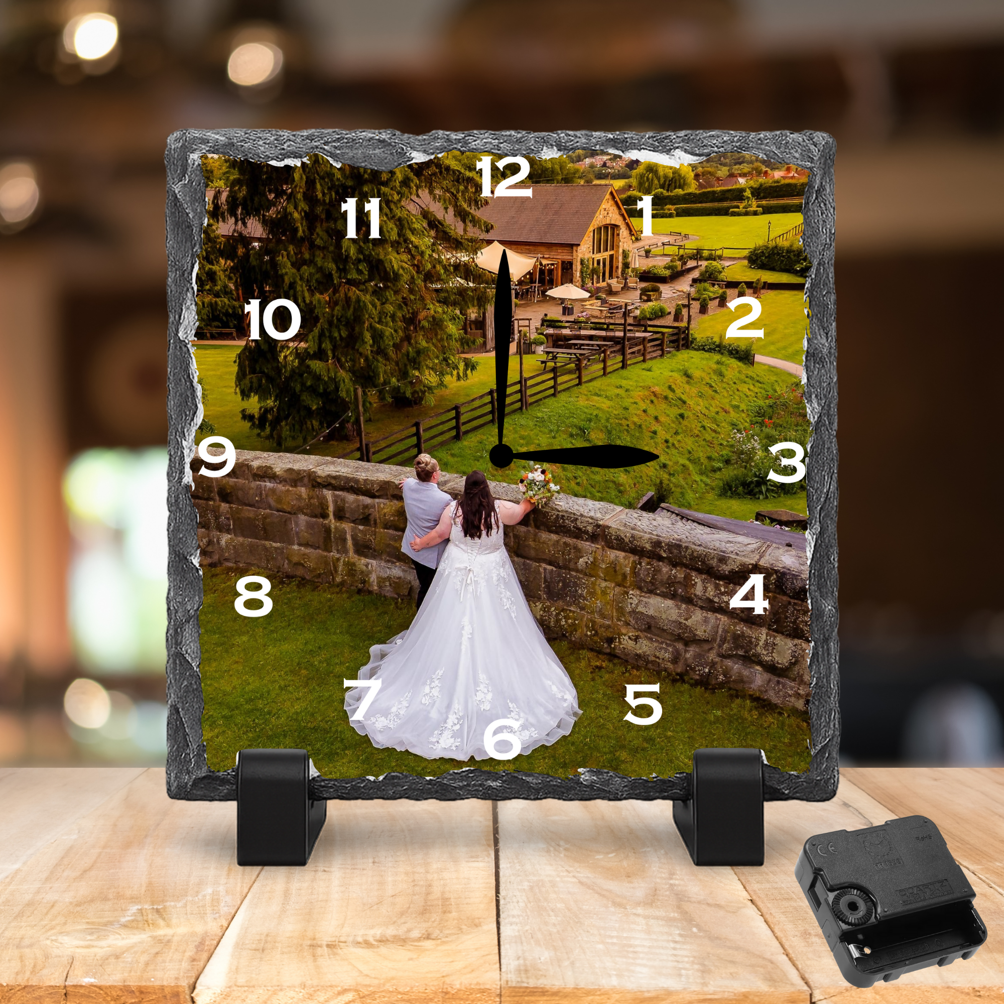 Personalised Rock Slate Photo Clock 27x27cm | Custom Image & Text | Includes Battery & Stand | Unique Gift & Home Décor