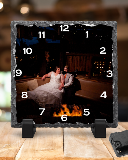 Personalised Rock Slate Photo Clock 27x27cm | Custom Image & Text | Includes Battery & Stand | Unique Gift & Home Décor - Demo Design Gifts
