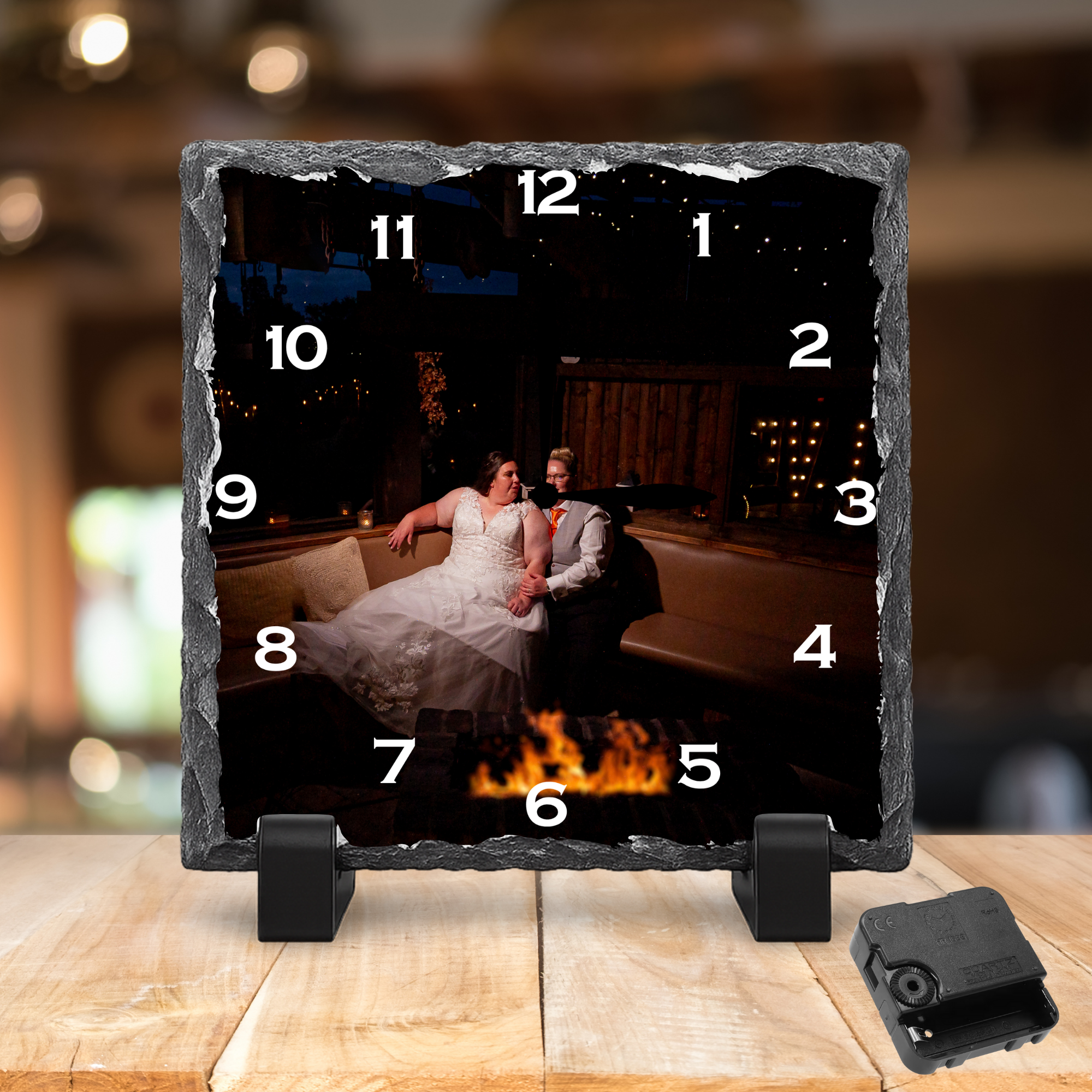 Personalised Rock Slate Photo Clock 27x27cm | Custom Image & Text | Includes Battery & Stand | Unique Gift & Home Décor