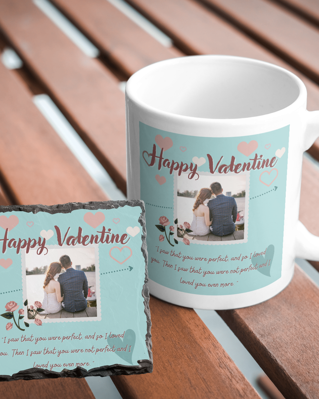 Valentines Day 11oz Mug and 9cm Rock Slate Coaster with 1 Image and text Blue Background