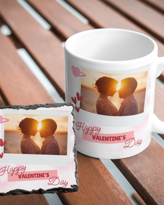 Valentines Day 11oz Mug and 9cm Rock Slate Coaster with 1 Image and text