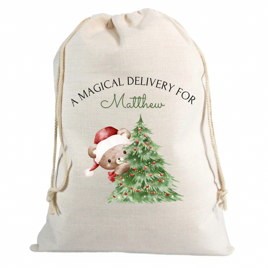 Christmas Sack Teddy and Tree with Name