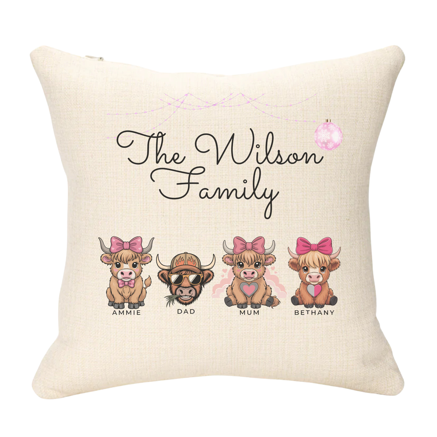 Personalised Family Name and Names Highland Cow Cushion