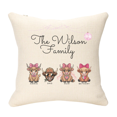 Personalised Family Name and Names Highland Cow Cushion