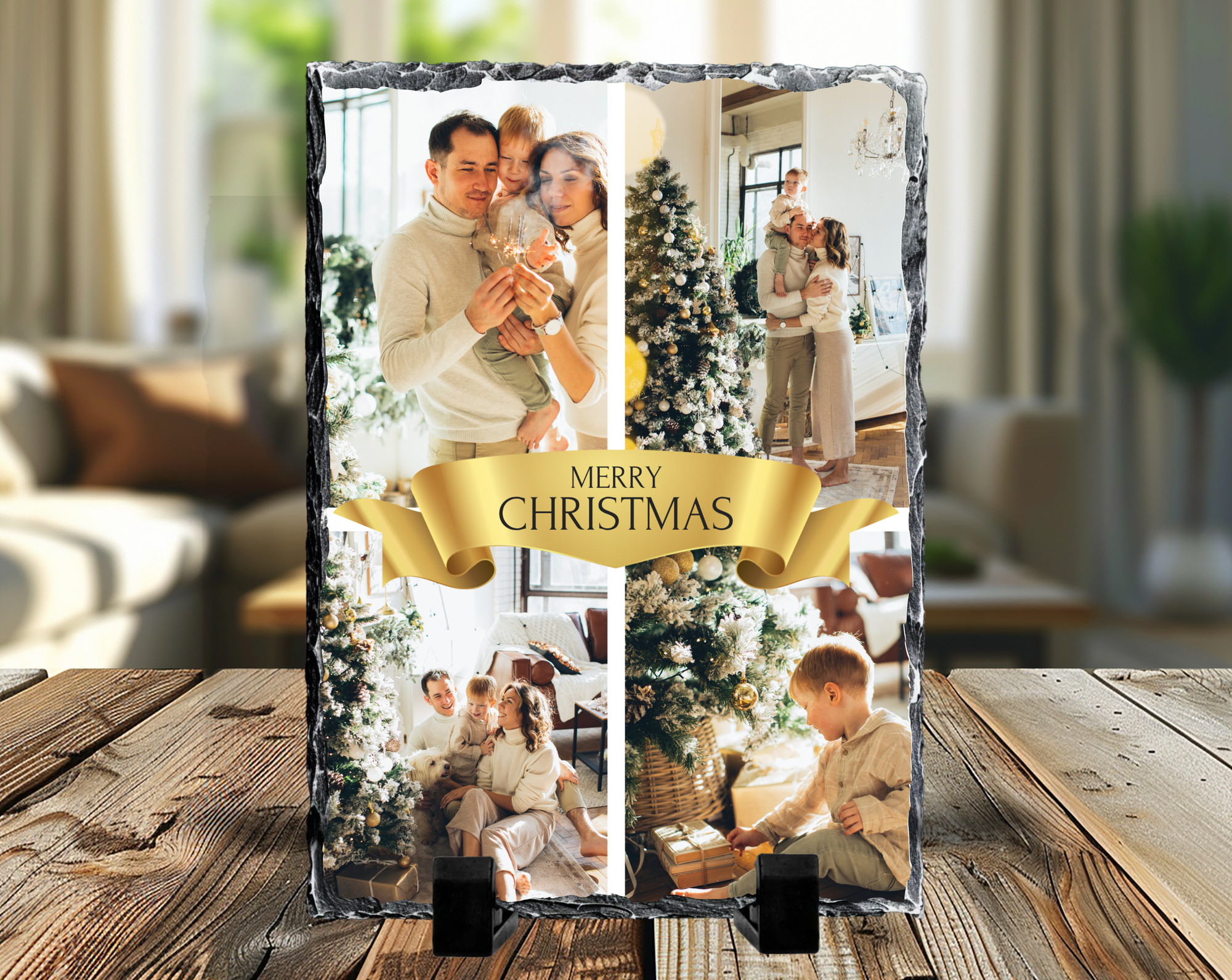 Merry Christmas Gold 4 Image Rock Photo Slate, Christmas Gift