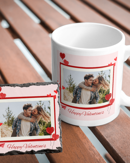 Valentines Day 11oz Mug and 9cm Rock Slate Coaster with 1 Image and text