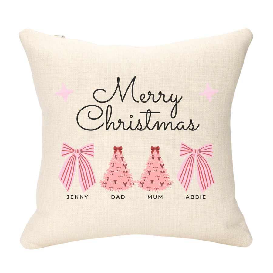 Merry Christmas Pink Bow and Tree With Names Christmas Cushion